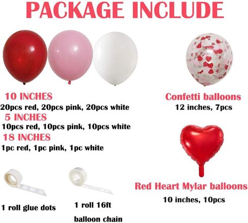 قوس بالونات حفلات عيد الحب باللون الأحمر والوردي والأبيض، 110 قطعة من بالونات عيد الحب مقاس 45.72 سم و30.48 سم و5 بوصات، بالونات على شكل قلب أحمر للفتيات في عيد الميلاد الأول والثاني والثالث والسادس عشر والثامن عشر والواحد والعشرين والثلاثين من حفل الزفاف in Kuwait