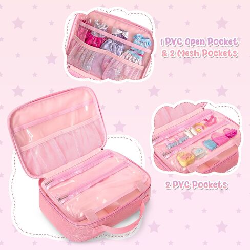 LoDrid Zipper Carrying Case Compatible with Barbie Clothes, 1 Binder and 1 Removable Devider with Multiple Pockets and Handle for Doll Accessories, Pink, Bag Only in Kuwait