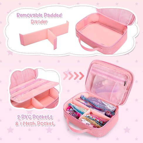 LoDrid Zipper Carrying Case Compatible with Barbie Clothes, 1 Binder and 1 Removable Devider with Multiple Pockets and Handle for Doll Accessories, Pink, Bag Only in Kuwait