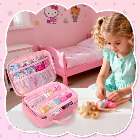 LoDrid Zipper Carrying Case Compatible with Barbie Clothes, 1 Binder and 1 Removable Devider with Multiple Pockets and Handle for Doll Accessories, Pink, Bag Only in Kuwait