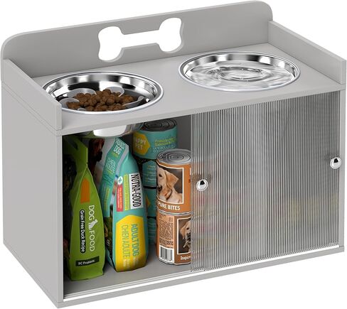 PawHut Elevated Dog Bowls with Storage, Raised Dog Bowl Stand with 2 Stainless Steel Food Dishes and Slow Feeder, Pet Feeding Station for Large Breeds, Gray in Saudi Arabia