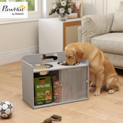 PawHut Elevated Dog Bowls with Storage, Raised Dog Bowl Stand with 2 Stainless Steel Food Dishes and Slow Feeder, Pet Feeding Station for Large Breeds, Gray in Saudi Arabia
