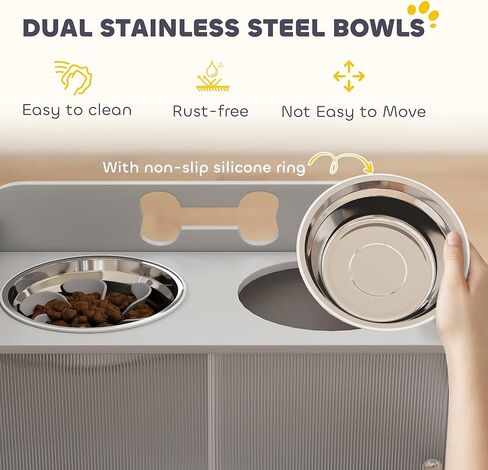 PawHut Elevated Dog Bowls with Storage, Raised Dog Bowl Stand with 2 Stainless Steel Food Dishes and Slow Feeder, Pet Feeding Station for Large Breeds, Gray in Saudi Arabia