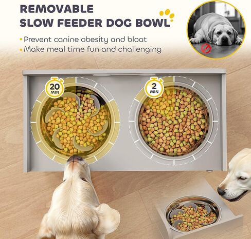 PawHut Elevated Dog Bowls with Storage, Raised Dog Bowl Stand with 2 Stainless Steel Food Dishes and Slow Feeder, Pet Feeding Station for Large Breeds, Gray in Saudi Arabia