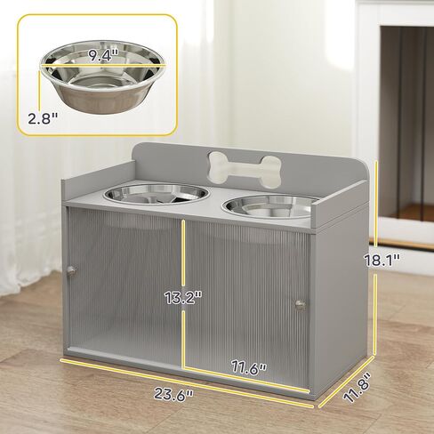 PawHut Elevated Dog Bowls with Storage, Raised Dog Bowl Stand with 2 Stainless Steel Food Dishes and Slow Feeder, Pet Feeding Station for Large Breeds, Gray in Saudi Arabia