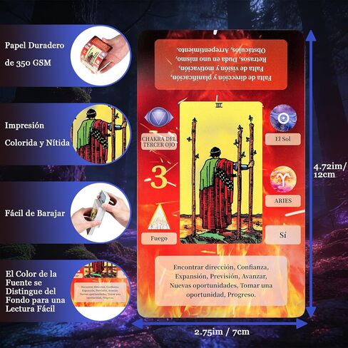 BWTY Cartas De Tarot Español Tarot para Principiantes en Español مع المعاني عليها، الكلمات الرئيسية، علم التنجيم (كوكب البروج)، نعم أو لا، العناصر، علم الأعداد in Kuwait