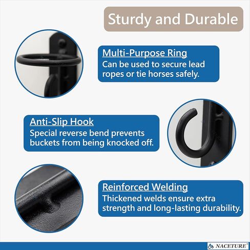NACETURE Bucket Hooks for Horse Stalls – Anti-Tip Design Feed & Water Bucket Holders, Heavy Duty Stable Barn Fence Accessories – Black Metal Hangers for Horses in Saudi Arabia