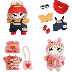 2 Sets of Clothing for 6.7in/17cm Dolls,Handmade Stylish Denim-Style Overalls&Knitted Plush Outfit Set with Accessories ,Perfect for Playtime, Display, and Collectors(No Doll) in Saudi Arabia