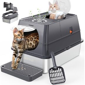 صندوق فضلات من الفولاذ المقاوم للصدأ قابل للطي بزاوية 135 درجة مع غطاء، صندوق فضلات القطط مغلق كبير جدًا، وعاء فضلات معدني مع مدخل أمامي وعلوي، تحكم في الرائحة، مغرفة ودواسة فلتر in Kuwait