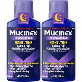 Mucinex القوة القصوى FastMax DM Max & Nightshift Cold & Flu Liquid (2 × 6 فلوريدا أوقية.) يخفف ويخفف المخاط، ويخفف السعال واحتقان الصدر، والألم، والحمى، والعطس، والتهاب الحلق، وسيلان الأنف in Kuwait