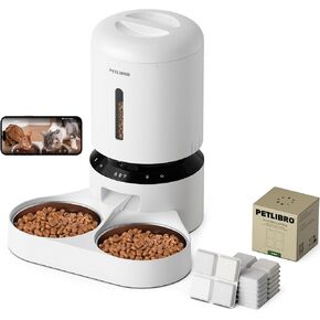 Bundle of PETLIBRO Automatic Cat Feeder with Camera for 2 Cats (Dual Tray, White) and 6 Packs Pet Food Desiccant Bag in Kuwait