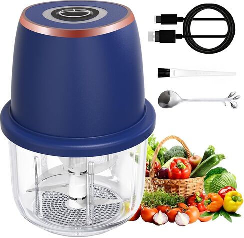 Electric Garlic Chopper, Mini Food Processor & Vegetable Chopper, 350ml Portable Cordless USB Rechargeable Garlic Chopper, Powerful Chopper for Onion, Herb, Nut, Easy to Clean Glass Container（Blue） in Saudi Arabia