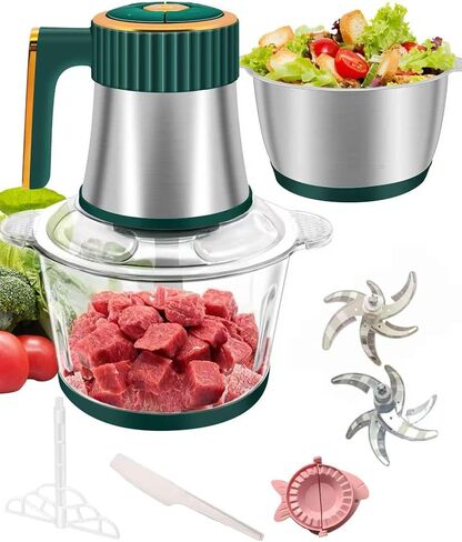 Food Processor, 5-Speed Food Cutting Meat Grinder, Equipped With 12 Cups Of Stainless Steel And 12 Cups Of Glass Bowls, Suitable For Mixing Dough, Meat, Vegetables, Etc., 2 Sets Of Blades in Kuwait