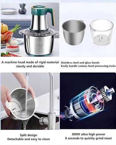 Food Processor, 5-Speed Food Cutting Meat Grinder, Equipped With 12 Cups Of Stainless Steel And 12 Cups Of Glass Bowls, Suitable For Mixing Dough, Meat, Vegetables, Etc., 2 Sets Of Blades in Kuwait