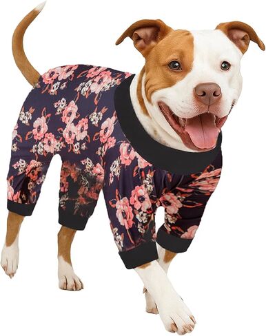 LovinPet Dog Pjs للسلالات الكبيرة، قمصان طويلة الأكمام للكلاب، مضادة لللعق، بيجامة للعناية بالجروح/التعافي من العمليات الجراحية، قماش قابل للتمدد، طباعة زهرية سوداء اللون، Pjs للكلاب الكبيرة، Pitbull Onesie، أسود، XL in Kuwait