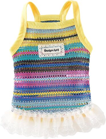 Dog Sling Tank Top with Tulle Skirt, Colorful Striped Pet T-Shirt(Yellow, Small) in Saudi Arabia