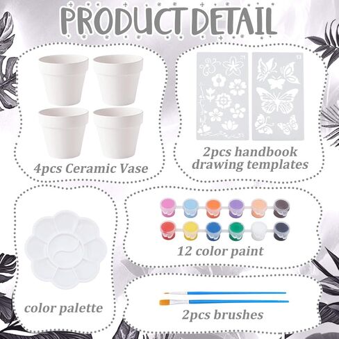WEBEEDY 4 Sets DIY Ceramic Succulent Pots Paint Kit for Adults Beginner DIY Paintable Ceramics Pots with Butterfly Flower Stencils, Paints, Brushes, Palettes Paint Your Own Pots for Home Decor in Saudi Arabia