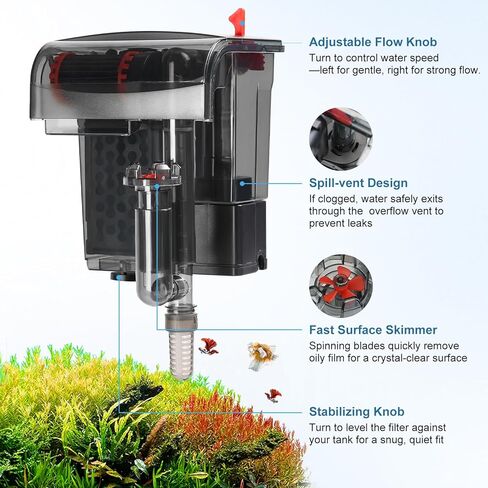 Small Fish Tank Filter, Hang On Back Aquarium Filter, Quiet Adjustable Flow Expandable Hose for 3-25 Gal, 3-Stage Filtration System with Surface Skimmer for Circulation and Aeration, 93GPH 5W in Saudi Arabia