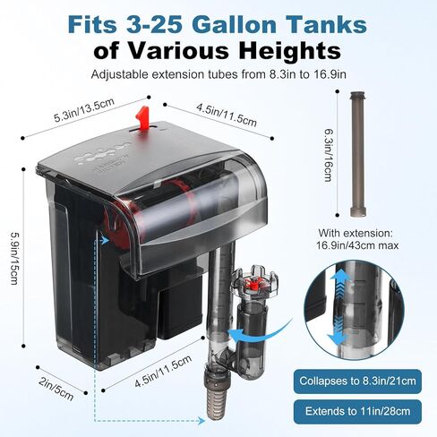 Small Fish Tank Filter, Hang On Back Aquarium Filter, Quiet Adjustable Flow Expandable Hose for 3-25 Gal, 3-Stage Filtration System with Surface Skimmer for Circulation and Aeration, 93GPH 5W in Saudi Arabia