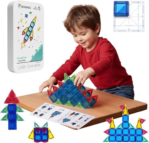 28-Piece Mini Magnetic Tile Travel Set with Metal Tin Case -Road Trip Ready, Travel Must Have, Micro Magnetic Building Blocks-STEM Educational Set for Kids Cognitive Development & Sensory Play in Saudi Arabia