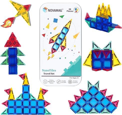 28-Piece Mini Magnetic Tile Travel Set with Metal Tin Case -Road Trip Ready, Travel Must Have, Micro Magnetic Building Blocks-STEM Educational Set for Kids Cognitive Development & Sensory Play in Saudi Arabia