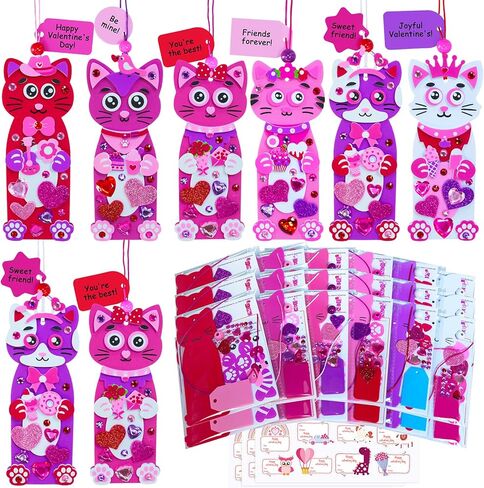 Winlyn 24 Sets Valentine's Day Cat Ornaments Decorations DIY Valentine Kitten Craft Kits Foam Bookmark with Heart Cat Valentine Stickers for Kids School Classroom Activities Party Favors Gift Exchange in Saudi Arabia