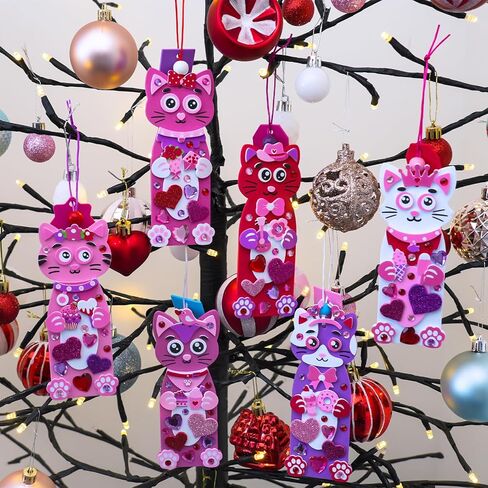 Winlyn 24 Sets Valentine's Day Cat Ornaments Decorations DIY Valentine Kitten Craft Kits Foam Bookmark with Heart Cat Valentine Stickers for Kids School Classroom Activities Party Favors Gift Exchange in Saudi Arabia
