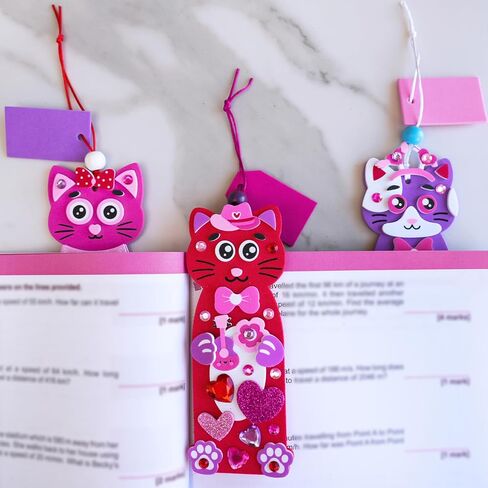 Winlyn 24 Sets Valentine's Day Cat Ornaments Decorations DIY Valentine Kitten Craft Kits Foam Bookmark with Heart Cat Valentine Stickers for Kids School Classroom Activities Party Favors Gift Exchange in Saudi Arabia