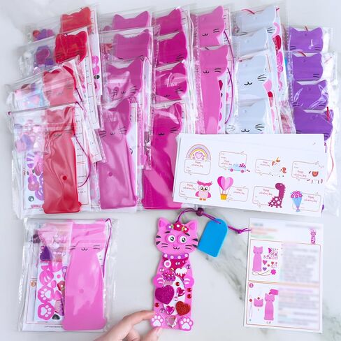 Winlyn 24 Sets Valentine's Day Cat Ornaments Decorations DIY Valentine Kitten Craft Kits Foam Bookmark with Heart Cat Valentine Stickers for Kids School Classroom Activities Party Favors Gift Exchange in Saudi Arabia