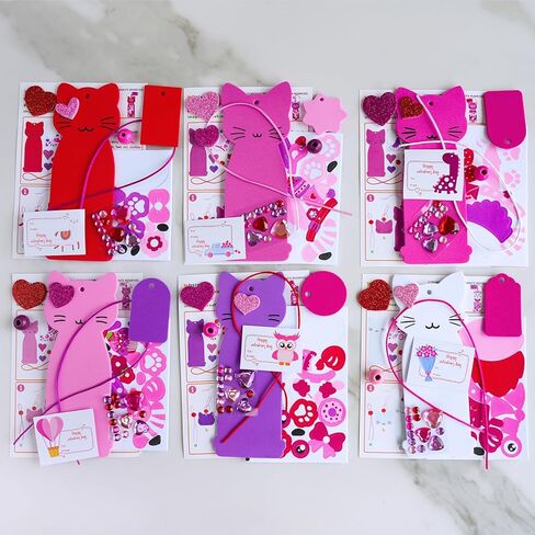 Winlyn 24 Sets Valentine's Day Cat Ornaments Decorations DIY Valentine Kitten Craft Kits Foam Bookmark with Heart Cat Valentine Stickers for Kids School Classroom Activities Party Favors Gift Exchange in Saudi Arabia