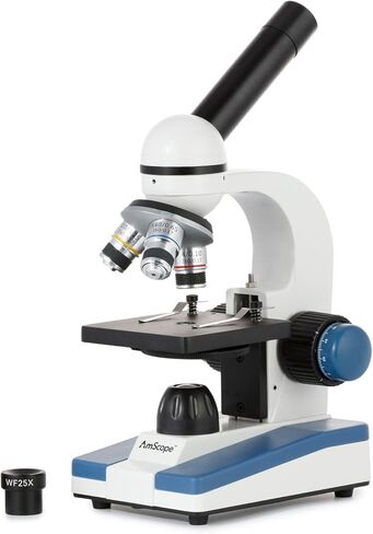 AmScope M150C-PS25 Compound Monocular Microscope, WF10x and WF25x Eyepieces, 40x-1000x Magnification, LED Illumination, Brightfield, Single-Lens Condenser, Coaxial Coarse and Fine Focus, Plain Stage, 110V, Includes Set of 25 Prepared Slides in Kuwait