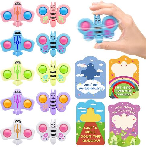 Valentines Day Cards for Kids School – 28 Pack Fidget Spinner Pop-It Toys with Airplane & Butterfly Valentines Greeting Cards, Classroom Exchange Valentines Gifts, Bulk Set for School Valentines Party in Saudi Arabia
