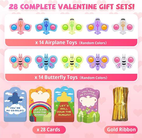 Valentines Day Cards for Kids School – 28 Pack Fidget Spinner Pop-It Toys with Airplane & Butterfly Valentines Greeting Cards, Classroom Exchange Valentines Gifts, Bulk Set for School Valentines Party in Saudi Arabia