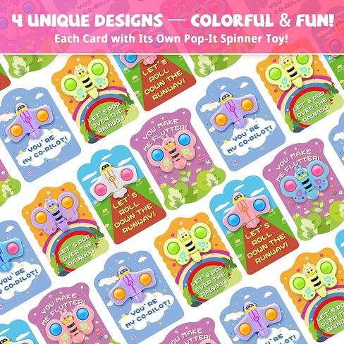 Valentines Day Cards for Kids School – 28 Pack Fidget Spinner Pop-It Toys with Airplane & Butterfly Valentines Greeting Cards, Classroom Exchange Valentines Gifts, Bulk Set for School Valentines Party in Saudi Arabia