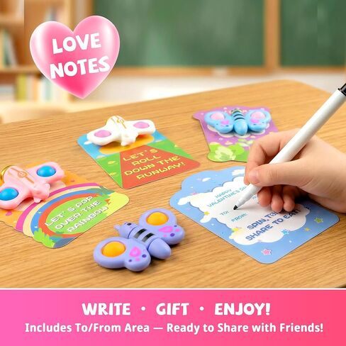 Valentines Day Cards for Kids School – 28 Pack Fidget Spinner Pop-It Toys with Airplane & Butterfly Valentines Greeting Cards, Classroom Exchange Valentines Gifts, Bulk Set for School Valentines Party in Saudi Arabia