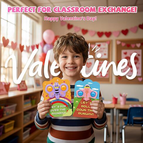 Valentines Day Cards for Kids School – 28 Pack Fidget Spinner Pop-It Toys with Airplane & Butterfly Valentines Greeting Cards, Classroom Exchange Valentines Gifts, Bulk Set for School Valentines Party in Saudi Arabia