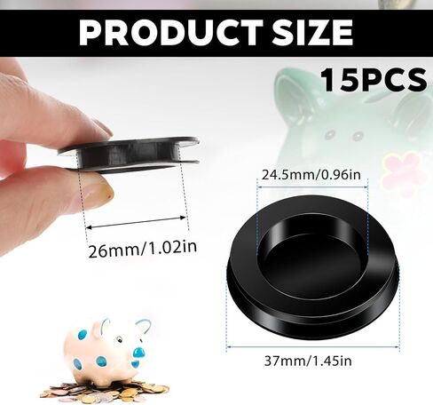15pcs Round Piggy Bank Closure Plug Piggy Bank Stoppers Rubber Plugs Money Saving Box Plug Cover 1.45" Outer Diameter (Black) in Saudi Arabia