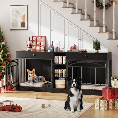 أثاث قفص للكلاب من GarveeHome لكلبين، بيت للكلاب داخلي مع أوعية تخزين وإطعام، حامل تلفزيون مزدوج للكلاب المتوسطة الصغيرة، أسود in Kuwait