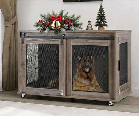 LINLUX 47 بوصة XL أثاث قفص الكلاب، بيت خشبي للكلاب شديد التحمل داخلي، طاولة قفص كلب مزخرفة للكلاب الكبيرة جدًا، مع أبواب منزلقة وعجلات ولوحة قابلة للطي in Kuwait
