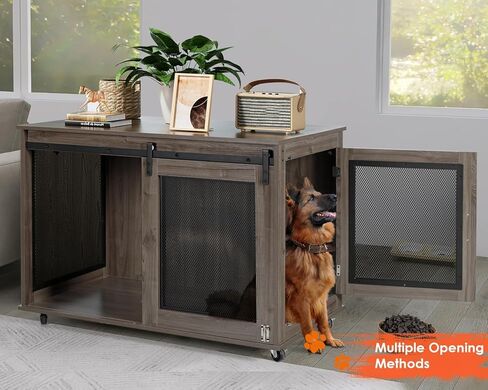 LINLUX 47 Inch XL Dog Crate Furniture, Wooden Heavy Duty Dog Kennel Indoor, Decorative Dog Cage Table for Extra Large Dogs, with Sliding Doors, Wheels and Flip-top Plate in Saudi Arabia