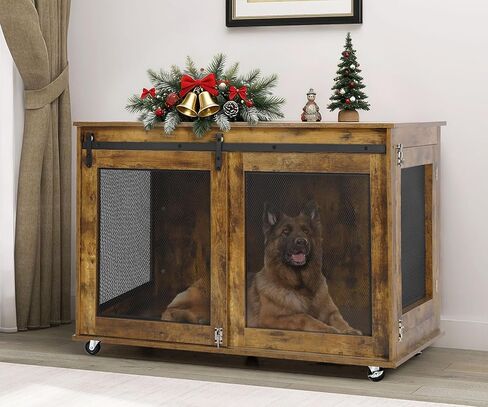 LINLUX 47 Inch XL Dog Crate Furniture, Wooden Heavy Duty Dog Kennel Indoor, Decorative Dog Cage Table for Extra Large Dogs, with Sliding Doors, Wheels and Flip-top Plate in Saudi Arabia