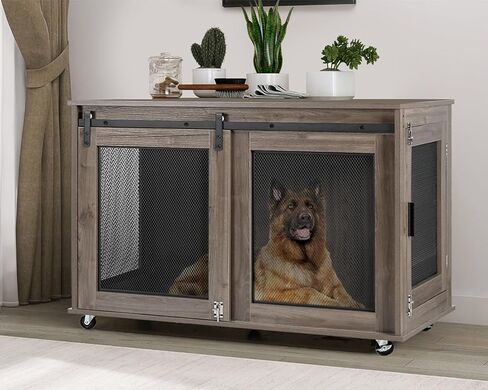 LINLUX 47 Inch XL Dog Crate Furniture, Wooden Heavy Duty Dog Kennel Indoor, Decorative Dog Cage Table for Extra Large Dogs, with Sliding Doors, Wheels and Flip-top Plate in Saudi Arabia