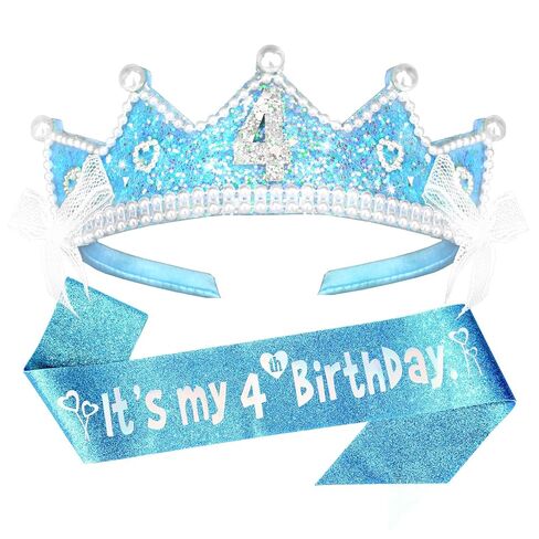 CAVETEE 4th Birthday Crown and Sash, Blue Glitter Princess Tiara, It's My 4th Birthday Sash for Party Decorations in Saudi Arabia