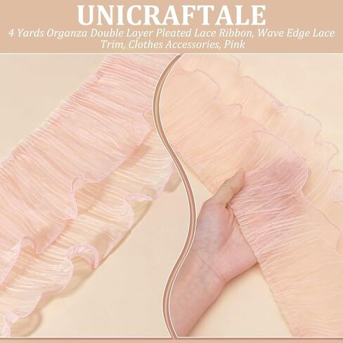 UNICRAFTALE 4 ياردة خوخي وردي كشكش مطوي من الشيفون تقليم 2 طبقة الأورجانزا الأربطة الشريط مزدوج الأورجانزا الدانتيل تقليم مطوي الأورجانزا أشرطة الدانتيل المتقلب فستان حقيبة الديكور النسيج للحرف اللباس in Kuwait