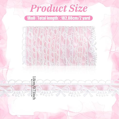 Pink Lace Trim 2 Yards White Bow Lace Ribbon Vintage Pink Ribbon Trim for Sewing for DIY Packaging, Wedding Decorations, Party Decorations, Bouquet Wrapping, Sewing Accessories in Saudi Arabia