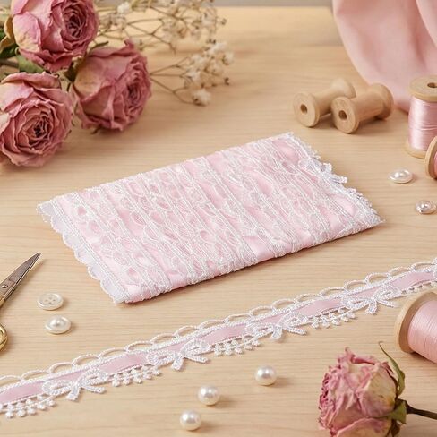 Pink Lace Trim 2 Yards White Bow Lace Ribbon Vintage Pink Ribbon Trim for Sewing for DIY Packaging, Wedding Decorations, Party Decorations, Bouquet Wrapping, Sewing Accessories in Saudi Arabia