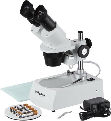 AmScope SE305R-P-LED Forward-Mounted Binocular Stereo Microscope, WF10x Eyepieces, 10X and 30X Magnification, 1X and 3X Objectives, Upper and Lower LED Lighting, Reversible Black/White Stage Plate, Pillar Stand, 120V or Battery-Powered in Saudi Arabia