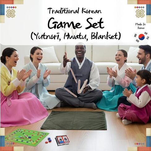 Traditional Korean Game Set - Premium Padded Mat 31.5x29.5 with Yutnori Strategy Game and Hwatu Flower Cards, Social Party Gift for K-Culture Fans in Kuwait