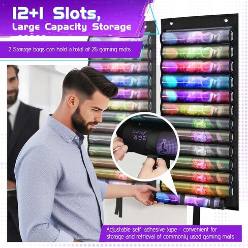 2Pcs Hanging Playmat Tube Storage Bag - Wall-Mount Game Mat Holder with 26 Transparent PVC Slots, 4 Hooks, Dustproof for TCG/RPG/MTG Mats (Black) in Kuwait