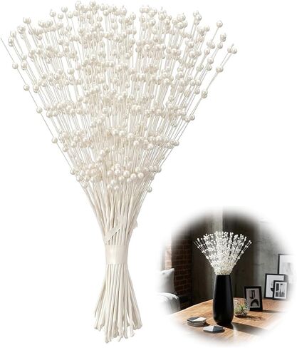 50 Pcs Pearl Floral Picks Pearl Bouquets 4mm Bead String Garland Floral Beaded Spray Filler Arrangements Christmas Tree Picks Wedding Decor (Beige) in Kuwait